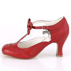 3" High Heel Wingtip Pin Up Shoes. Round Toe, T-Strap, Top Bow Amd Metal Bow Charm Detail Pumps. Red Faux Leather. Styles: Vintage Pinup 1950s Rockabilly 50's Swing Dance 1940s Dancing Ppaf-11 Red Kitten Heels, 50s Outfits, Alternative Shoes, Pleaser Heels, Single Sole Heels, Zapatos Mary Jane, Festival Shoes, Dr Shoes, Bow Charm