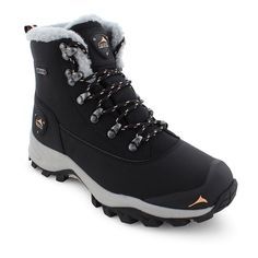 Don't let anything stand in your way this season with these waterproof Alpine Mid boots from Pacific Mountain. Don't let anything stand in your way this season with these waterproof Alpine Mid boots from Pacific Mountain. BOOT FEATURES Waterproof construction ensures feet stay dry Padded tongue & collar Plush lining Lug soleBOOT CONSTRUCTION Polyurethane, textile upper Faux fur lining TPU midsole TPR, rubber outsoleBOOT DETAILS Round toe Lace-up closure Padded footbed 1-in. platform 7-in. sh Black Waterproof Ankle Hiking Boots, Black Waterproof Weatherproof Boots, Waterproof Functional Boots For Cold Weather, Functional Waterproof Boots For Cold Weather, High-top Rain Boots For Winter Outdoor Activities, Durable Winter Hiking Boots For Walking, Black Ankle Waterproof Boots For Outdoor Work, Insulated Ankle Waterproof Boots For Outdoor Activities, Functional Black Weatherproof Boots