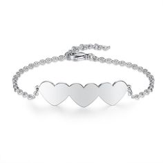 Specially made to fit three loving names on your wrist! This Chain Of Love - 3 Custom Name Sterling Silver Chain Bracelet is the perfect gift for moms, sisters, friends, or significant other! The custom-made bracelet is made from sterling silver and features three hearts joined together, each with a special named engraved. The personalized bracelet is designed with a lobster clasp to make it adjustable to your wrist size. Gifting our custom-made jewelry will show that you care! Looking for an en Sterling Silver Heart Name Bracelet, Heart-shaped Sterling Silver Name Bracelet, Sterling Silver Heart Bracelet For Mother's Day And Friendship, Customizable Stainless Steel Bracelet, Personalized Sterling Silver Heart Bracelet For Mother's Day, Silver Heart Name Bracelet, Silver Heart Bracelet With Name, Personalized Sterling Silver Heart Friendship Bracelet, Personalized Silver Sterling Heart Bracelet