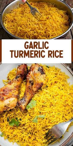 this is an image of garlic and turmeric rice in a pan with chicken