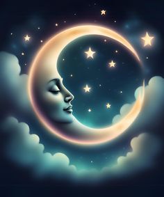 a painting of a woman's face on the moon with stars in the sky