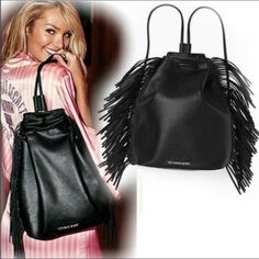 New Black Fringe Bag Faux Leather Leather Backpack For Evening, Trendy Victoria's Secret Pouch Bag, Trendy Black Backpack For Errands, Black Bucket Bag Backpack For Shopping, Black Shopping Bucket Backpack Bag, Trendy Large Capacity Shoulder Bag From Victoria's Secret, Trendy Victoria's Secret Large Capacity Shoulder Bag, Trendy Large Capacity Victoria's Secret Shoulder Bag, Trendy Large Capacity Victoria's Secret Bag