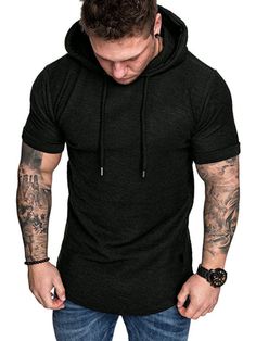 This men's short-sleeved hoodie t-shirt has no trouble becoming a wardrobe favorite. Ideal for athletic and leisurely men, the shirt is lightweight enough to wear anytime, including spring and summer. The hooded feature is a popular add-on and it comes in handy should environmental conditions become unfavorable while you're out and about. In the gym, this is also a favorite as workout wear and is often ordered by men who are quite fond of this simple yet practical design.Additional Product Speci Black Hooded T-shirt For Sports, Hooded Cotton T-shirt For Sports, Hooded Cotton T-shirt For Streetwear, Cotton Hooded T-shirt For Streetwear, Moisture-wicking Cotton Hooded Top, Casual Cotton Hooded T-shirt, Cotton Gym Top With Drawstring Hood, Cotton Hooded Sports T-shirt, Casual Crew Neck Hoodie For Light Sports