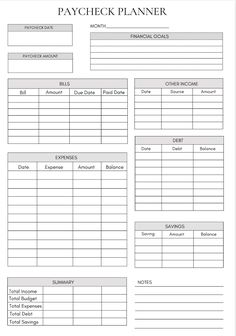 a printable pay sheet with the words paycheck planner on it and an image of