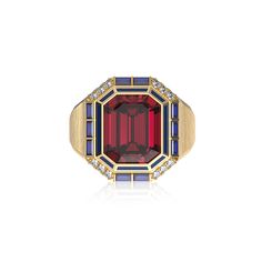 This opulent cocktail ring collection is a true statement of luxury and timeless elegance. Each piece showcases the exquisite craftsmanship of fine enamel work, featuring large, vibrant-colored gemstones paired with lab-grown diamonds. The classic trio of rich red, green, and blue hues come together in perfect harmony, evoking a sense of vintage sophistication. The textured gold band adds a layer of depth, enhancing the overall grandeur and ensuring these rings stand out as masterpieces of retro glamour. 18k Gold Vermeil: With its substantial layer of 18k solid gold on sterling silver, 18k Gold Vermeil is not the typical gold plating. It ensures exceptional durability and provides the same appearance, touch, and quality as pure gold at a fraction of the cost. Luxury Ruby Ring With Diamond Accents, Luxury Ruby Rings With Gemstone Accents, Timeless Red Ring For Formal Occasions, Timeless Red Rings For Formal Occasions, Luxury Red Jewelry With Gemstone Accents, Timeless Formal Red Rings, Luxury Polished Finish Ruby Ring For Formal Occasions, Luxury Red Ruby Ring With Gemstone Accents, Luxury Ruby Ring With Gemstone Accents For Anniversary