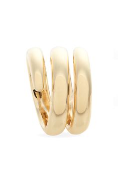 three gold wedding rings on a white background