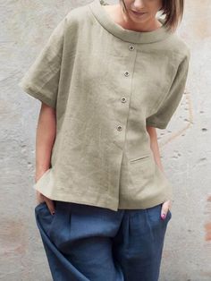 Linen Casual Crew Neck Blouse Casual Collared Plain Blouse, Casual Plain Collared Blouse, Casual Plain Button-up Blouse, Solid Button Blouse For Vacation, Vacation Blouse With Buttons, Collared Blouse For Vacation, Versatile Solid Color Tops For Vacation, Versatile Solid Color Tops For Casual Gatherings, Versatile Solid Tops For Vacation