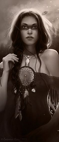 a woman with long hair and feathers on her chest