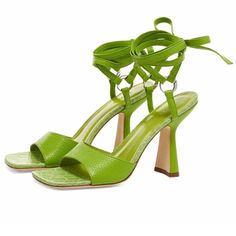 By Far Presents These Sleek, Stylish Sandals Which Arrive In A Bright Green Hue. Featuring A Small Heel, They Are Crafted From Durable Cowhide Leather And The Sole Features Croc-Print Detailing As A Completion To The Retro Look. Wrap Detailing, Made In Portugal. Note Box Is Damaged Sh/40 Fuzzy Sandals, Tan Strappy Sandals, Pistachio Color, Denim Sandals, Kitten Heel Sandals, Wrap Sandals, Croc Print, Leather Heels Sandals, Stylish Sandals