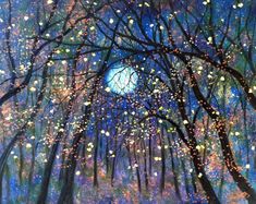 a painting of trees with the moon in the distance and stars falling from them on it