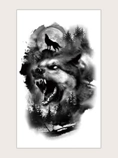 a wolf with its mouth open and the moon in the background