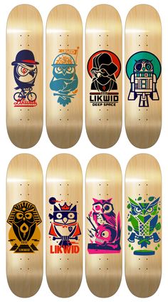 six skateboards with different designs on them