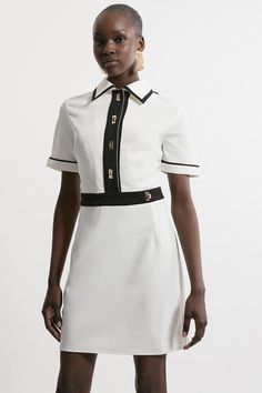 Twill Hardwear Detail Shirt Mini Dress Chic Collared Mini Dress For Work, Chic White Office Wear Dress, Elegant Mini Dress With Collar For Work, Elegant Short Sleeve Mini Dress For Daywear, Designer Fitted Top With Collared Neckline, Fitted Collared Shirt Dress For Work, Designer Fitted Short Sleeve Dresses, Chic Fitted Mini Dress With Collared Neckline, Elegant White Shirt Dress With Placket