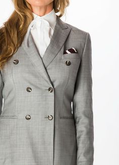 Zane Barläs collections of women workwear, business casual attire & work clothes.   #workfashionwomen #workfashionoutfits #workfashion Grey Suits For Women, Double Breasted Suit Women, Dark Grey Suits, Womens Tailored Suit, Grey Suits, Dark Gray Suit, Tailor Made Suits, Suit Pin, Peak Lapel