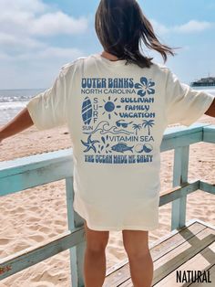 Get ready for your next beach vacation with our matching vacation t-shirts.  Customize your vacation shirts with your family name and location!  We use professional quality DGT printing on all our apparel. Direct-to-garment, or DTG, is a high quality printing method that sprays ink directly onto the garment so there is no peeling or cracking. This fabulous graphic will be printed on a Bella+Canvas Unisex Tee. Order your regular size for a slim fit and size up for an oversized fit. Please refer t Obx Family Vacation Shirts, Cute Oversized Shirts Summer, Vacation Group Shirts, Beach Shirt Aesthetic, White Short Sleeve Camp Shirt For Beach, White Short Sleeve Camp Shirt For Beach Season, White Relaxed Fit Camp Shirt For The Beach, White Relaxed Fit Camp Shirt For Beach, White Cotton Camp Shirt For Beach Season