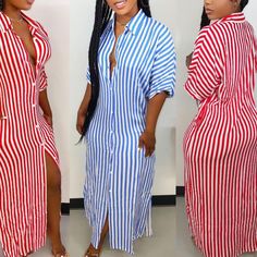 Long Blue Stripped Button Down Dress. From Sugar Popped White Dress Casual, Blue Dress Outfits, Classy Short Dresses, Fashionable Work Outfit, Red And White Dress, Casual Outfits For Work, Casual White Dress, Blue Maxi Dress, Beach Stuff