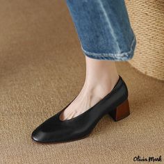 Olivia Mark - Womens Genuine Leather Chunky Heel Granny Shoes with Round Toe, Shallow Mouth, and Low Cut Design Black Almond Toe Block Heels For Fall, Granny Shoes, Shape Party, Platform Mary Janes, Party Heels, Toe Sandals, Ankle Straps, Platform Sneakers, Cut Design