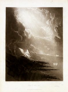 an illustration of a man on a boat in the ocean surrounded by clouds and other animals