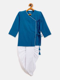 VASTRAMAY SISHU Boy's Blue Angrakha Style Krishna Kurta and White Dhoti Set This elegant and traditional set includes a blue Angrakha style Krishna Kurta paired with a white dhoti. Perfect for festive occasions, this outfit combines style and comfort, making it a great choice for your little one's special celebrations. Key Features Beautiful Angrakha style design Comfortable fit for boys Ideal for festive and traditional occasions Specifications Color: Blue Kurta, White Dhoti Size: Available in Blue Cotton Dabka Traditional Wear, Blue Cotton Traditional Wear With Dabka, Blue Cotton Sherwani For Eid, Blue Cotton Sherwani For Festivals, Blue Kurta For Puja And Eid, Traditional Blue Kurta For Diwali, Blue Cotton Kurta For Traditional Ceremonies, Blue Traditional Sherwani For Puja, Blue Sherwani With Dabka For Puja