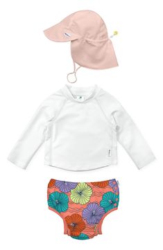 Keep baby's skin protected from the sun, sand and surf as they splash and play in this coordinating set featuring a long-sleeve rashugard, swim diaper and hat. Includes rashguard, swim diaper and sun hat Rashguard has half-zip closure with chin guard Swim diaper has elastic waist Sun hat has toggled chin strap UPF 50+ sun protection 100% recycled polyester Machine wash, tumble dry Imported Playful Fitted Swimwear With Upf 50+, Spring Poolside Rash Guard With Uv Protection, Spring Rash Guard With Uv Protection For Poolside, Spring Beachwear Rash Guard For Pool, Spring Rash Guard With Uv Protection For Surfing, Spring Poolside Rash Guard For Beachwear, Upf 50+ Swimwear For Beach Season Playtime, Uv Protection Swimwear For Spring Playwear, Spring Rash Guard In White For Swimming