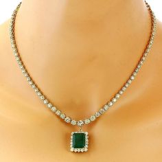 13.80 Carat Natural Emerald 14K Solid Yellow Gold Diamond Necklace - Fashion Strada Emerald And Diamond Necklace, Emerald Eternity Ring, Green Stone Pendant, Gold Drop Necklace, Bridal Necklace Designs, Antique Necklaces Design, Green Stone Necklace, Diamond Necklace Designs, Necklace With Pendant