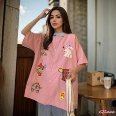 Qteee - Charming Cartoon Embroidered Casual T-Shirt Pink Short Sleeve T-shirt For College, Short Sleeve Tops With Embroidered Graphics For College, Casual Tops With Embroidered Graphics For College, Casual College Tops With Graphic Embroidery, Casual College Tops With Embroidered Graphics, Graphic Tee With Embroidered Graphics For College, Casual Embroidered Tops For College, Short Sleeve T-shirt With Embroidered Graphics For College, Embroidered Short Sleeve Shirt With Relaxed Fit