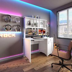 a home office with headphones on the wall and desk in front of it is lit up by neon lights