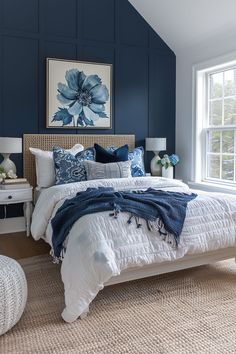 elegant bedroom, mature woman bedroom, luxury bedroom, room ideas, bedroom inspiration Navy And White Master Bedrooms Decor, Navy Blue Bedroom Inspiration, Navy And Ivory Bedroom, Navy Blue And Neutral Bedroom, White Bed Blue Walls, Navy Blue And Cream Bedroom Ideas, Navy Beige White Bedroom, Navy Blue White Bedroom, Navy And Grey Bedroom Ideas