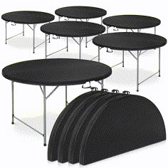 six round tables with black plastic tops