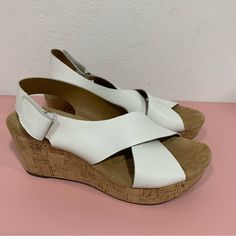 In Excellent Almost Brand New Condition. No Flaws Or Signs Of Wear. Very Pretty White Leather Sandals With Hook And Loop Adjustable Strap. Platform Wedge Is A Cork Look. White Leather Sandals, Womens Clarks, Clarks Shoes, Leather Wedge Sandals, Leather Wedges, Womens Shoes Wedges, Platform Wedges, Wedge Sandals, White Leather