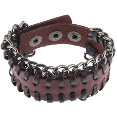 Show off your stylish spirit with Russet Leather Cuff Bracelet With Chain! This thick fashion accessory features a dark brown leather strap with black leather stitches down each side and dark, metal link chain weaved through the stitches.   It is completed with a matching metal snap on one end that can fit into three snaps on the other end so you can adjust the wrist measurement. With a mashup of mixed materials, this bracelet will look trendy with your everyday wardrobe.        Details: Adjustable Punk Cuff Bracelet, Edgy Style Bracelet Jewelry, Casual Adjustable Chain Bracelet, Edgy Adjustable Metal Chain Bracelet, Edgy Adjustable Cuff Leather Bracelet, Adjustable Edgy Metal Chain Bracelet, Trendy Brown Bracelets As Fashion Accessory, Trendy Brown Bracelet As Fashion Accessory, Punk Style Brown Jewelry For Gift