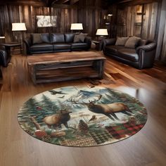 a living room filled with furniture and wooden walls