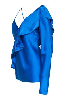 Transform into the ultimate disco darling with this flashy Diane von Furstenberg blouse! Made in a bright and bold blue hue and chic one-sleeved design on oh-so-soft satin, this ruffled beauty is perfect for a posh party look with a '70s twist! Pair with bell bottoms and platform pumps and you'll be doing the Hustle in no time! Size 14 86% Triacetate, 14% Polyester Pullover Unlined V-neckline One long sleeve on left side Ruffled flounce on front and back Bust 40" Waist 37" Sleeve length 27.5" Sh Elegant Blue Tops For Evening, Blue Ruffled Tops For Evening, Chic Blue Evening Top, Formal Blue Ruffled Tops, Blue Ruffled Tops For Formal Occasions, Fitted Long Sleeve Cocktail Top, Elegant Blue Blouse For Party, Long Sleeve Blouse For Summer Cocktail Events, Blue Ruffled Blouse For Night Out