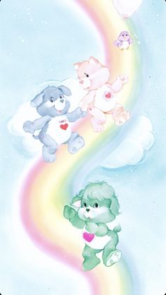 two teddy bears are flying in the sky with a rainbow behind them and one bear is holding a heart