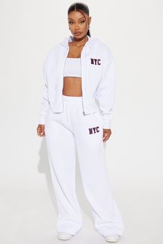 Available In White. Wide Leg Pull On Embroidered Pair Back To "New York Cropped Zip Front Hoodie" 100% Polyester Imported | New York Embroidered Wide Leg Pant in White size XL by Fashion Nova Fashion Nova Outfits Winter, Fashion Nova Clothes, Fashion Nova Finds, Fashion Nova Outfits Ideas, Fashion Nova Outfits, Jeans Cargo, Hoodie Outfit