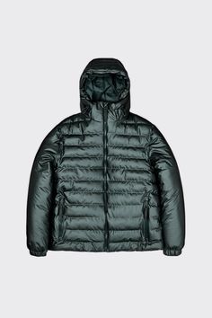 RAINS Trekker Jacket is a puffer style wind/water-resistant hoodie jacket in Silver Pine. Front zip and zippered front pockets. Style # 15100-60 Silver Pine Puffer Style, Waterproof Jacket, Hoodie Jacket, Hooded Jacket, Weather Resistant, Puffer, Winter Jackets, Water Resistant, Zipper