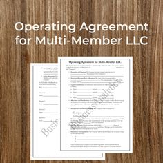 the operating agreement for multi - member llc is displayed on a wooden background with text