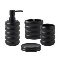 black bathroom accessories set with soap dispenser and toothbrush holder