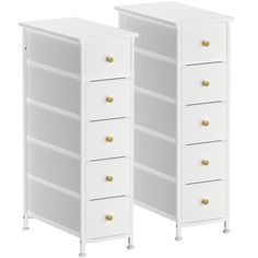 two white dressers with gold handles on each one and the other side is closed