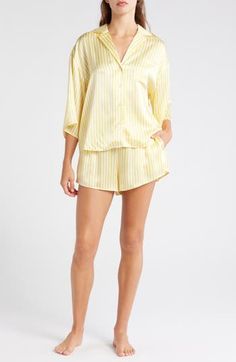 These silk pajamas are thermoregulating, breathable and the secret to a great night's sleep—but the best part is that they can go in the washing machine. The slightly cropped button-up top pairs perfectly with the matching elastic-waist shorts. 27" top front length; 3" inseam; 32" leg opening;, 13 1/2" front rise; 16 1/2" back rise (size Medium) Top has notched collar; elbow-length sleeves; chest patch pocket Shorts have elastic/drawstring waist 100% silk Hand wash, dry flat Imported Summer Bedtime Sets With Long Pants, Silk Sleepwear For Pajama Party, Spring Silk Sleepwear, Silk Summer Sleepwear For Home, Silk Sleepwear For Spring Season, Spring Silk Sleepwear For Bedtime, Silk Sleepwear For Loungewear In Relaxed Fit, Silk Sleepwear Relaxed Fit For Loungewear, Silk Sleepwear Sets For Summer