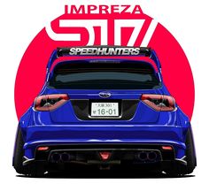 the back end of a blue subarunt with red and white lettering on it