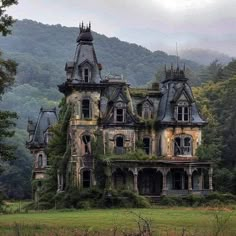 an old abandoned house with ivy growing on it's roof and windows, surrounded by mountains