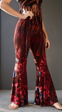 "These tie dye splatter bell bottoms are made for movement! Perfect for yoga and flow activities. Handmade and hand-dyed, 🌈 The fitting around the thigh is flattering & shaping until the material billows out at the knee into a wide flare.  Featuring drawstrings on either side of the thigh that can be cinched for shape and length adjustment! The material consists of a quality cotton Lycra blend; cotton giving ultra softness while Lycra holds everything in.  95% Cotton 5% Lycra (highly *◅ ↠ ॐ ☽ ◅ Fitted Full-length Yoga Pants For Festivals, Flow Activities, Dance Yoga, Womens Trousers, Flare Trousers, Womens Pants, Beautiful Skirts, Flare Pants, Bell Bottoms