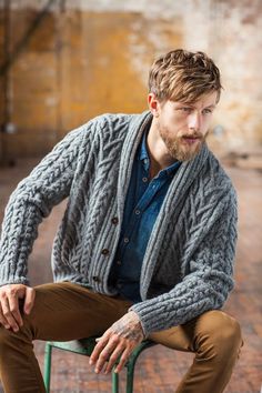 Timberline Cardigan | Knitting Pattern by Jared Flood Outlander Knits, Cabled Cardigan, Mens Business Casual, Mens Sweaters, Brooklyn Tweed, Cable Cardigan, Shawl Collar Cardigan, Face Sketch, Knit Men