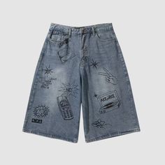 Material: 90% CottonFeatures: Shorts, graffiti print denim design, straight-leg, relaxed fit, unisex, loose, couple outfits.Style: Casual, college, streetwear College Streetwear, Fashion Goals, Outwear Coat, Print Denim, Hawaiian Shorts, Graffiti Prints, Printed Denim, Couple Outfits, Denim Design