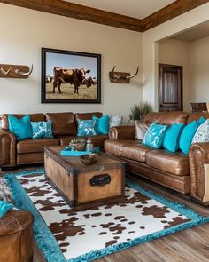 a living room with couches, chairs and cow heads on the wall above them