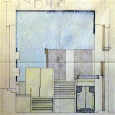 an architectural drawing of a building with stairs