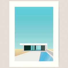 a minimalist art print of a house in the desert