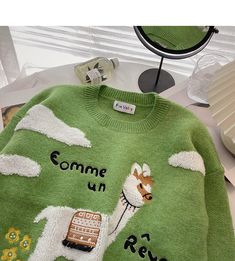 Style: commuting Size: one size Color: Green Green Long Sleeve Sweater With Embroidered Text, Green Long Sleeve Top With Cartoon Print, Green Harajuku Crew Neck Top, Cheap Green Kawaii T-shirt, Green Long Sleeve Cartoon Print Top, Korean Age, Long Sleeve Pullover, Sweatshirts, Long Sleeve