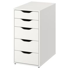 a white filing cabinet with four drawers on the bottom and one drawer open in front